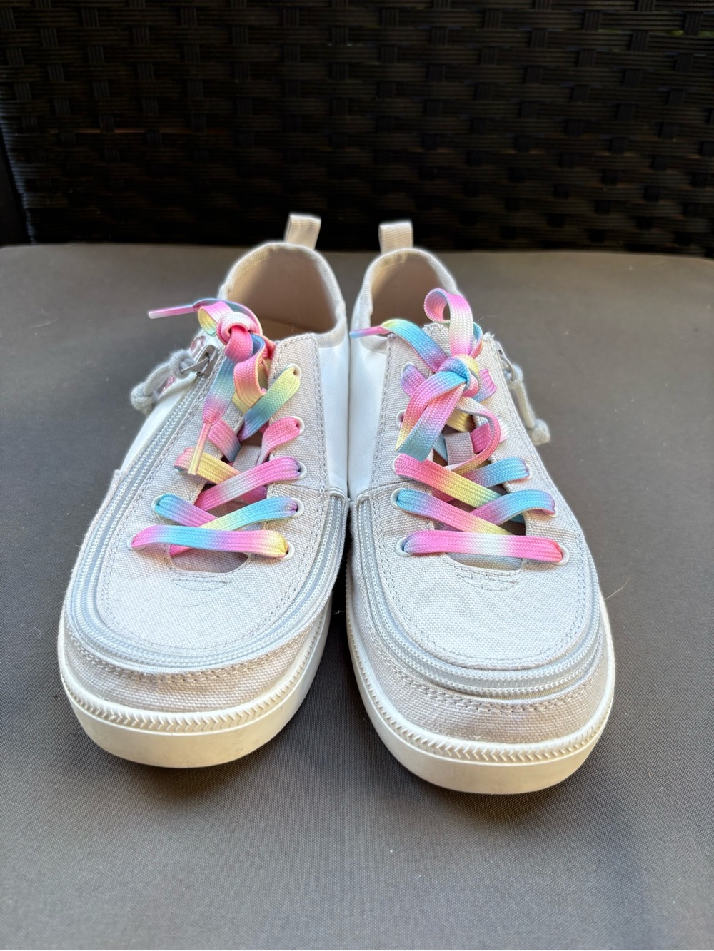 Neutral Canvas Kids Sneakers with Pastel Rainbow Laces